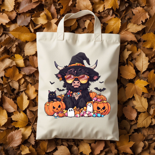 Highland Cow Halloween Tote Bag – Fall Cow Tote with Pumpkins, Ghosts & Candy